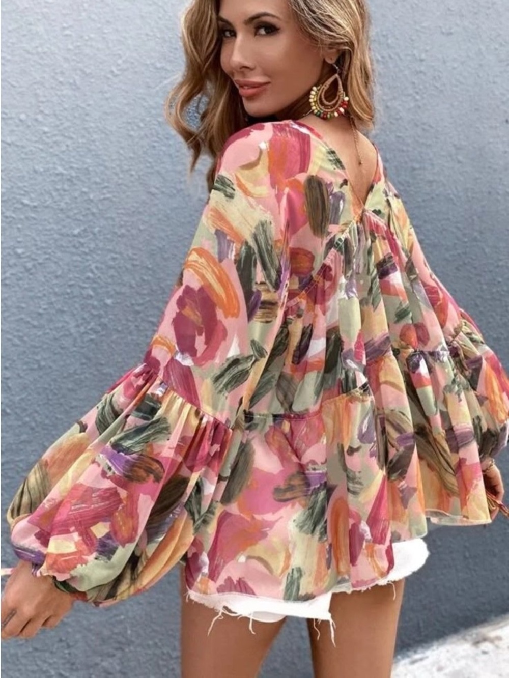SHEIN Pink Multi Brushstroke Floral Tiered Peasant Top small